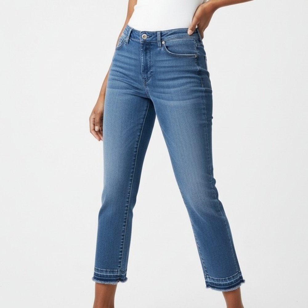 Anne Klein Womens Slim Crop Jeans Blue Denim Raw Hem Casual‎ Size 12